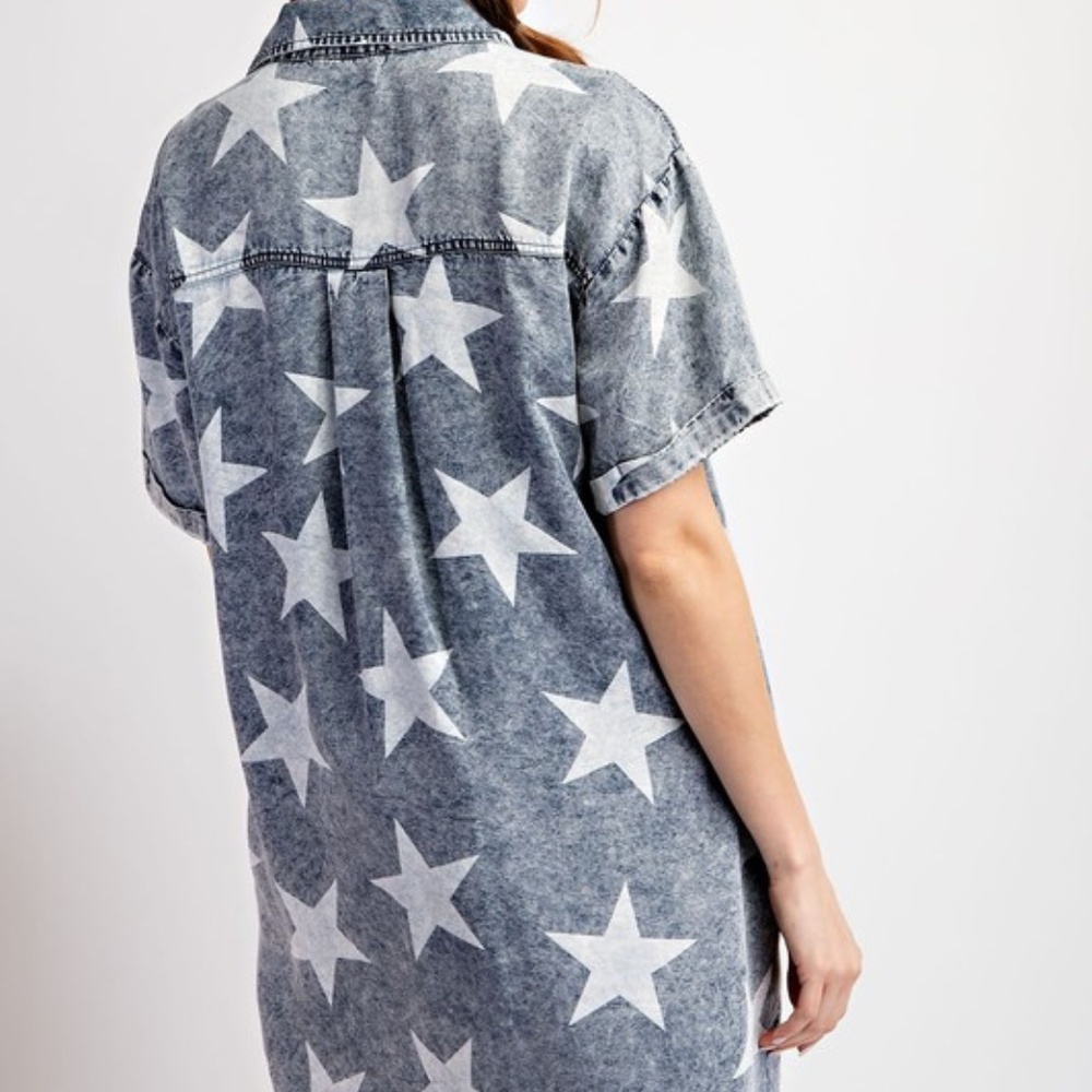 Star Print Denim Shirt Dress - Blue - Picture 5 of 12